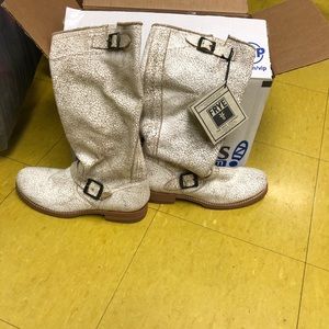 Frye white crackled leather mid calf boots